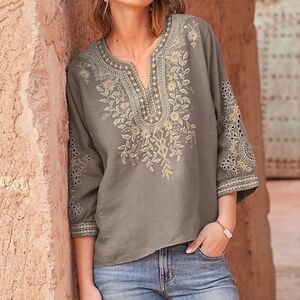 JOHNNY WAS Kemi Linen Embroidered Boxy Peasant Top M